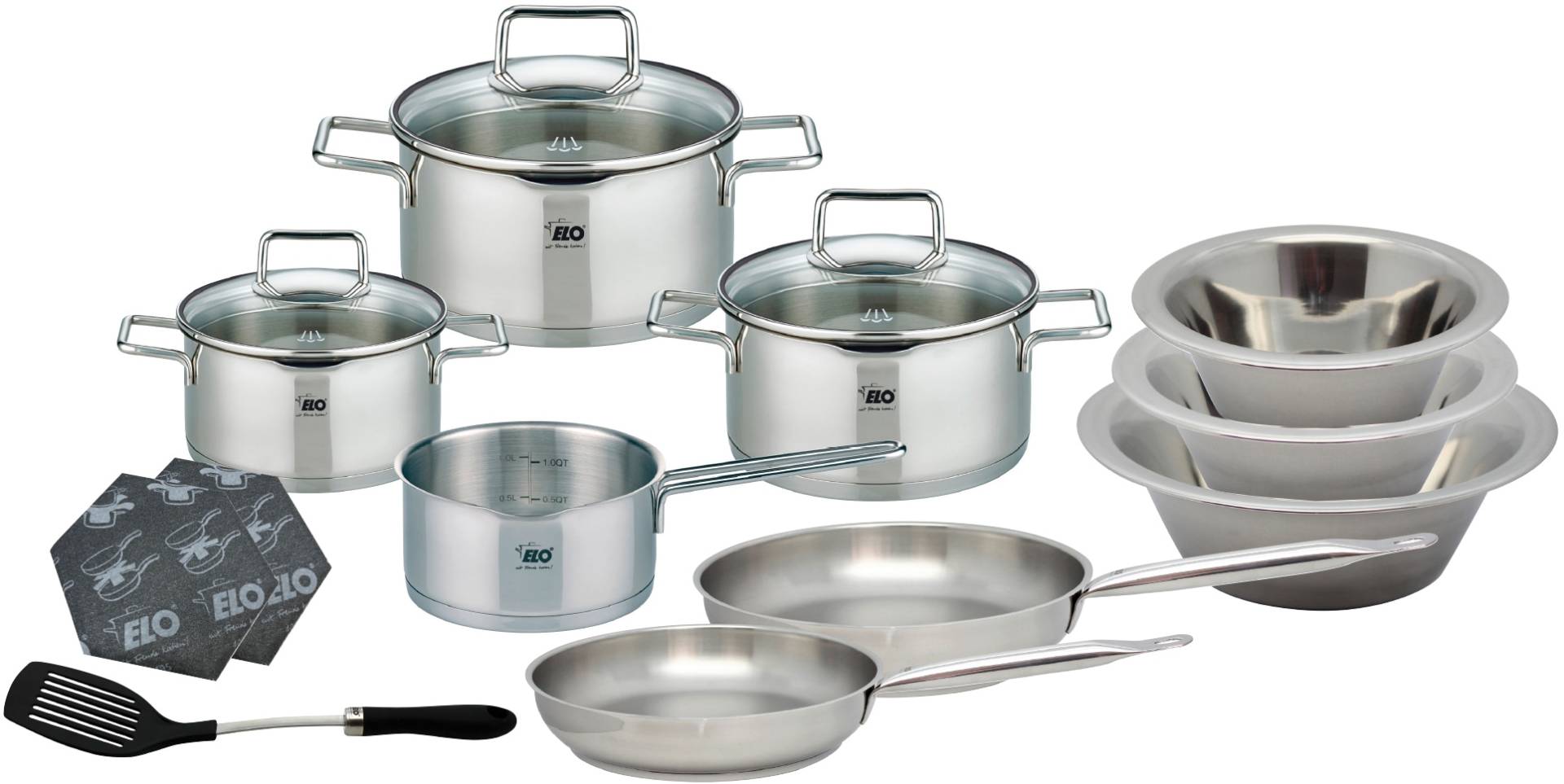 Elo Topf-Set »Smart Steam«, Edelstahl 18/10, (Set, 12 tlg., Fleischtopf 16/20/24 cm, 1x Kasserolle 16 cm, je 1 Bratpfanne 24/28 cm), Öl-Dosier System & seitlichem Ausguss zur Dampfableitung, Induktion von Elo