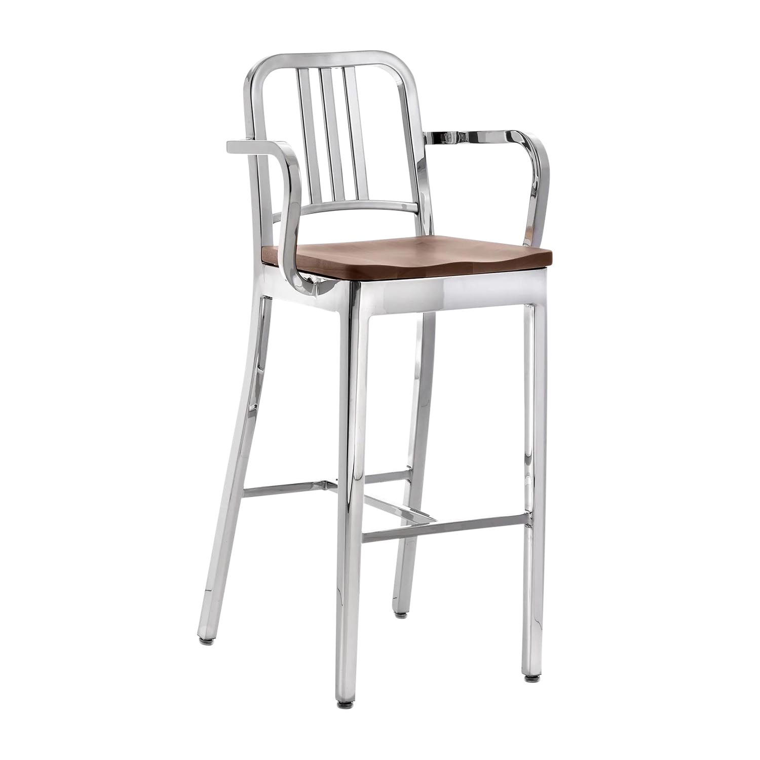 1104 Navy Arms Barstool natural wood seat Barstuhl, Ausführung aluminium, poliert, Holz amerikanische weiss-eiche von Emeco