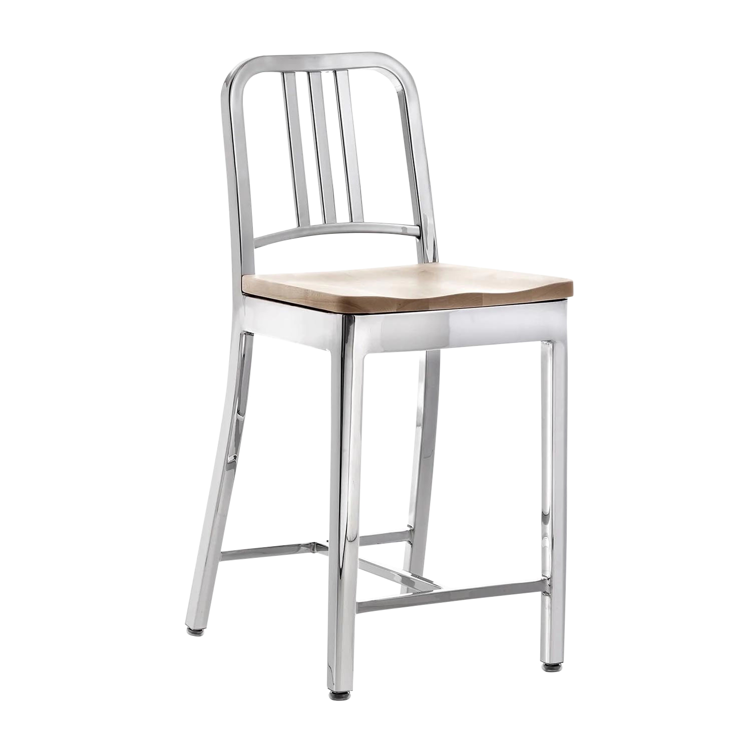 1104 Navy Barstool natural wood seat Barstuhl, Ausführung aluminium, gebürstet, Holz amerikanische weiss-eiche von Emeco