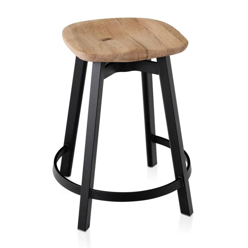 SU Counter Stool Hochstuhl, Sitz holz, eiche, Gestell aluminium, schwarz eloxiert von Emeco