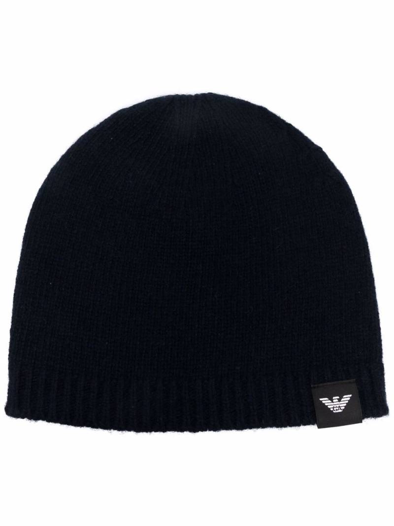 Emporio Armani logo-patch knitted cashmere beanie - Blue von Emporio Armani