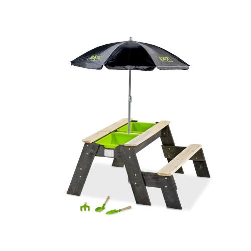 EXIT Aksent Sand,- Wasser- und Picknicktisch (1 Bank) mit Sonnenschirm und Gartenwerkzeugen - 94x94cm von Exit Toys