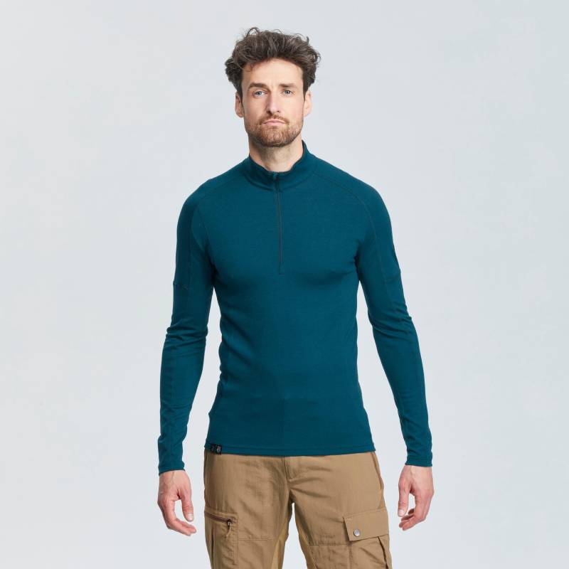 Langarmshirt - Trek 500 Merino Zip Herren Dunkelgrün L von FORCLAZ