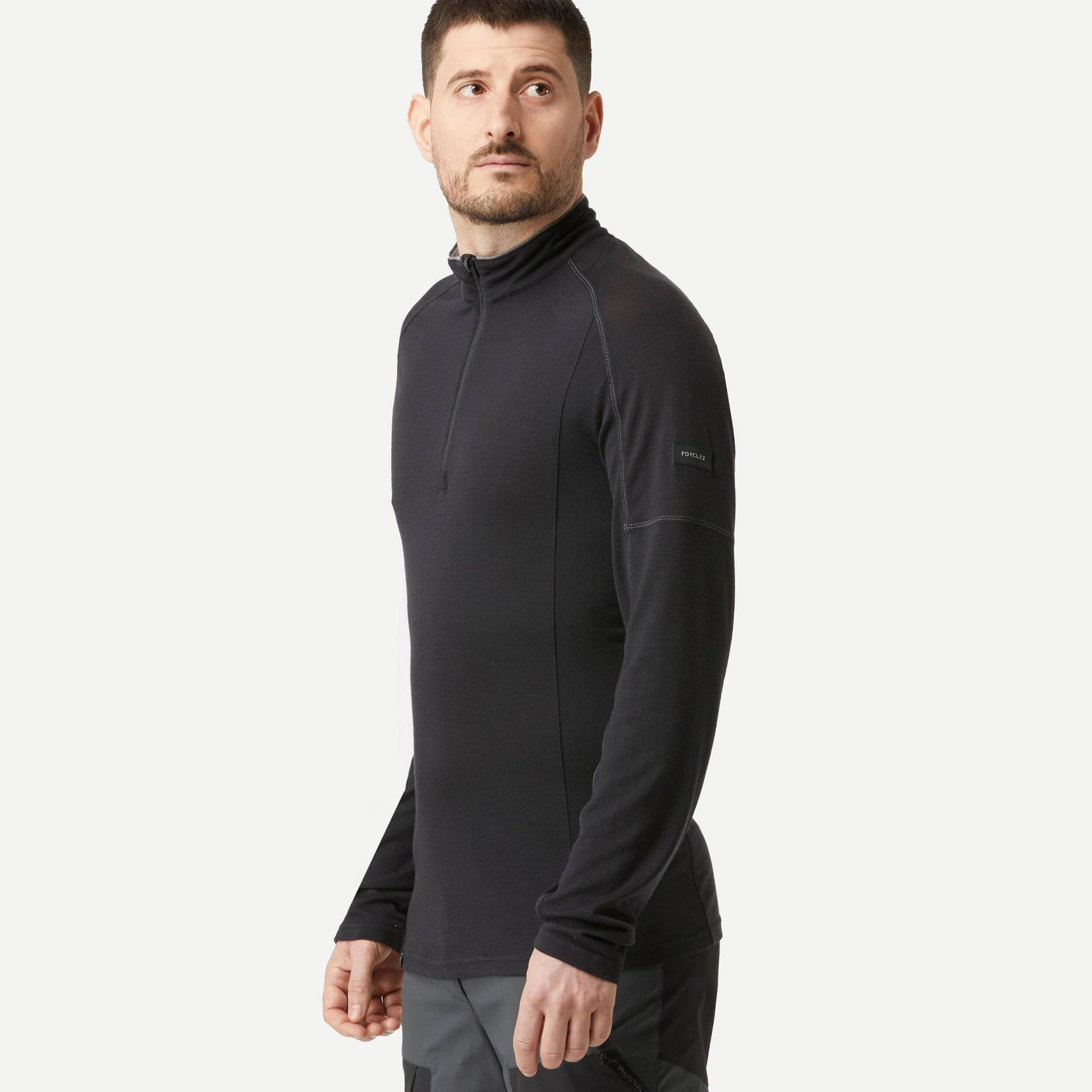 FORCLAZ - Langarmshirt TREK 500 MERINO ZIP, für Herren, Charcoal Black, Größe M von FORCLAZ