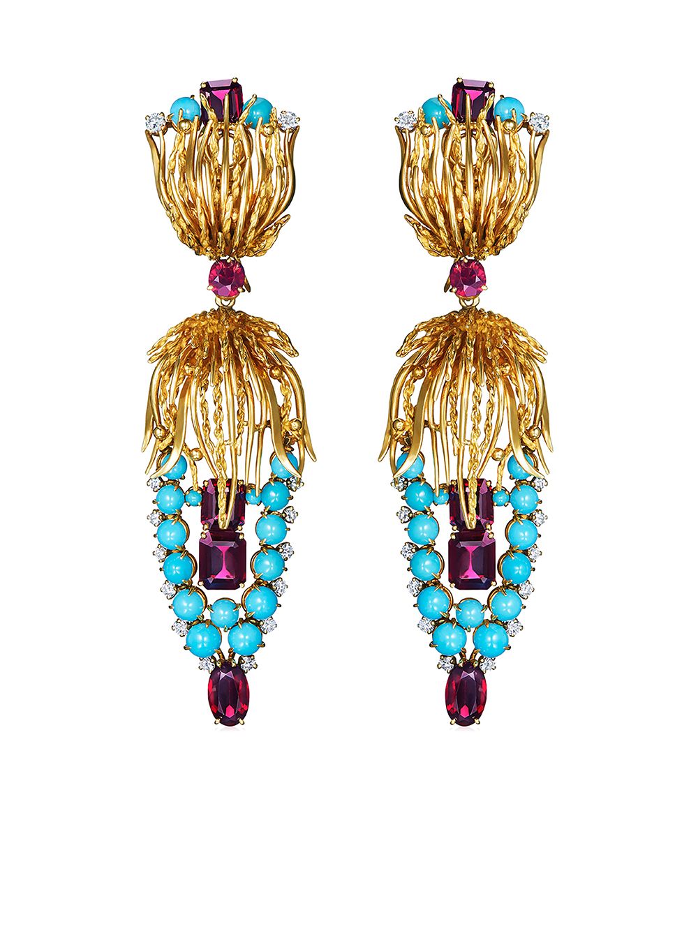 FRED LEIGHTON 18kt yellow gold turquoise, garnet and diamond pendant earrings von FRED LEIGHTON