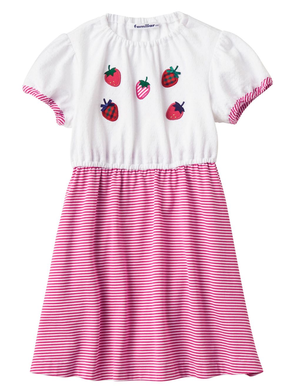 Familiar strawberry-appliqué striped cotton dress - White von Familiar