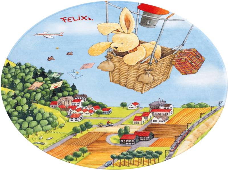 Felix der Hase Kinderteppich »FE-415«, rund, 6 mm Höhe, Stoff Druck, Motiv Heissluftballon, weiche Mircofaser, Kinderzimmer von Felix der Hase