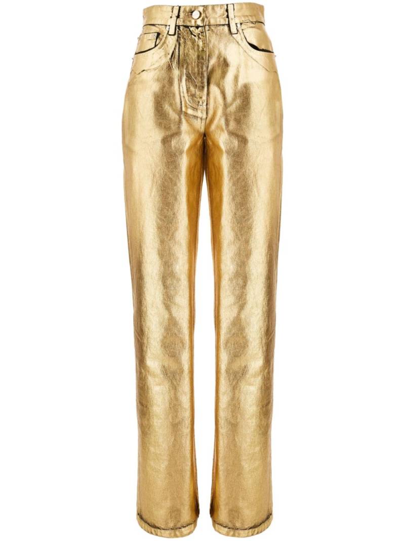 Ferragamo logo-patch metallic-finish high-waist trousers - Gold von Ferragamo