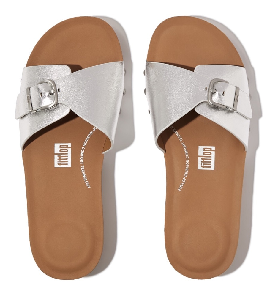 Fitflop Pantolette »IQUSHION ADJUSTABLE BUCKLE METALLIC-LEATHER SLIDES«, Keilabsatz, Sommerschuh, Schlappen mit verstellbarer Bandage von FitFlop