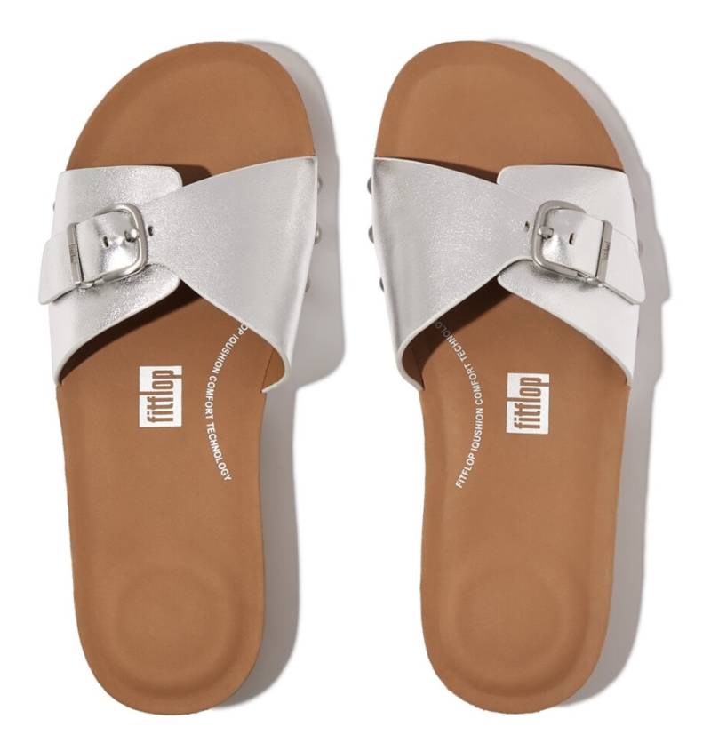 Fitflop Pantolette »IQUSHION ADJUSTABLE BUCKLE METALLIC-LEATHER SLIDES«, Keilabsatz, Sommerschuh, Schlappen mit verstellbarer Bandage von Fitflop