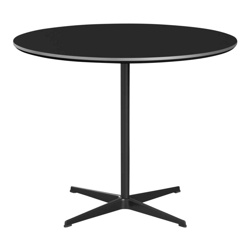 CIRCULAR Bistrotisch, Tischplatte laminat, schwarz m. kante aluminium, Grösse d. 75 cm, Gestell satingebürstetes aluminium von Fritz Hansen