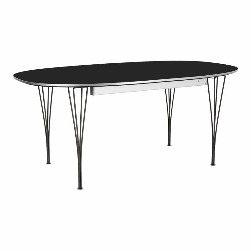 SUPERELLIPSE Ausziehtisch, Tischplatte laminat, grau m. kante aluminium, Grösse l. 180/300 x b. 120 cm, Gestell verchromt von Fritz Hansen