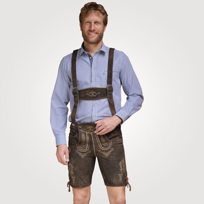 Kurze Trachten-Lederhose mit Hosenträgern, dunkelbraun, 48 von Fuchs