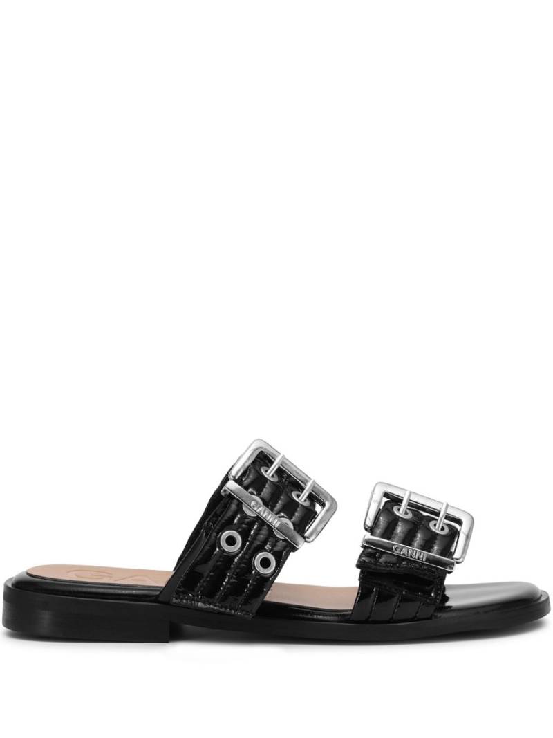 GANNI Buckle flat leather sandals - Black von GANNI