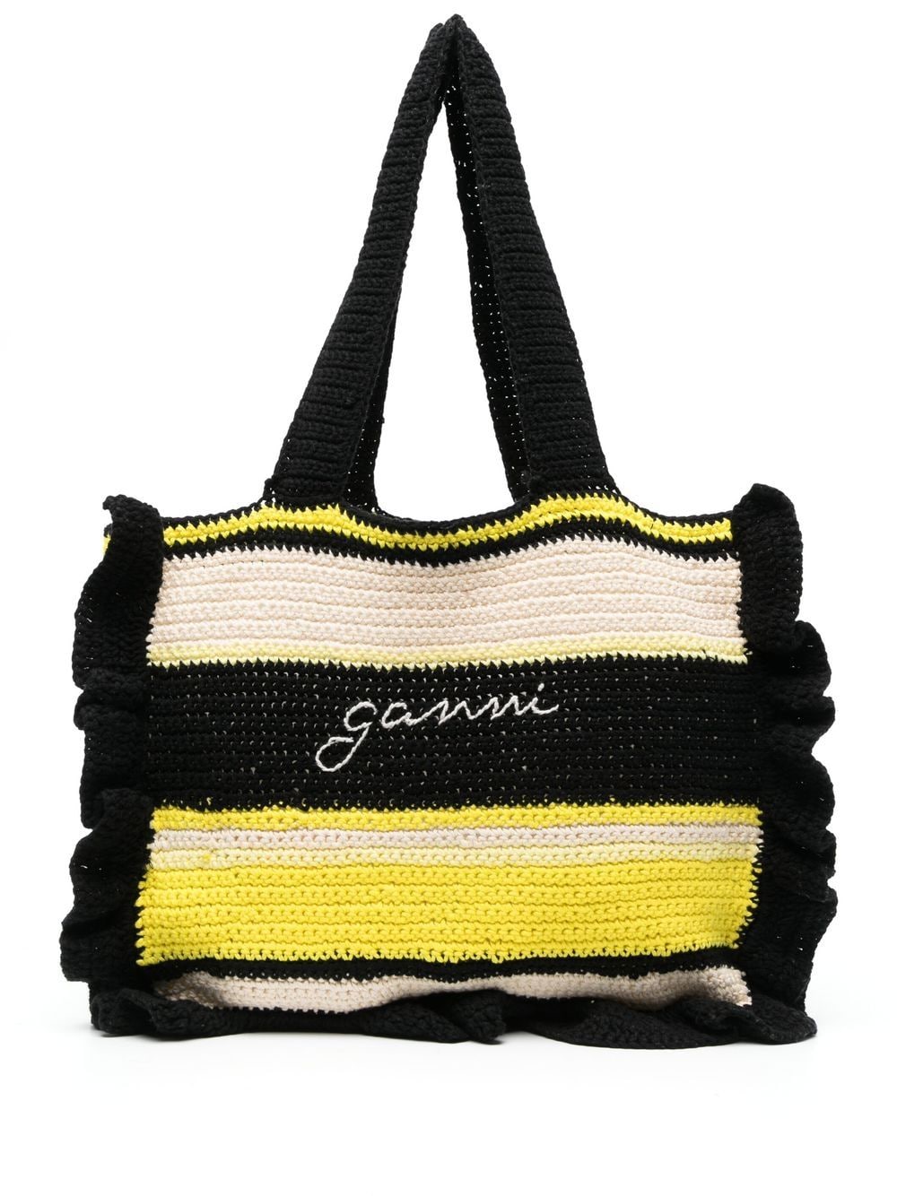 GANNI Crochet Frill striped tote bag - Black von GANNI