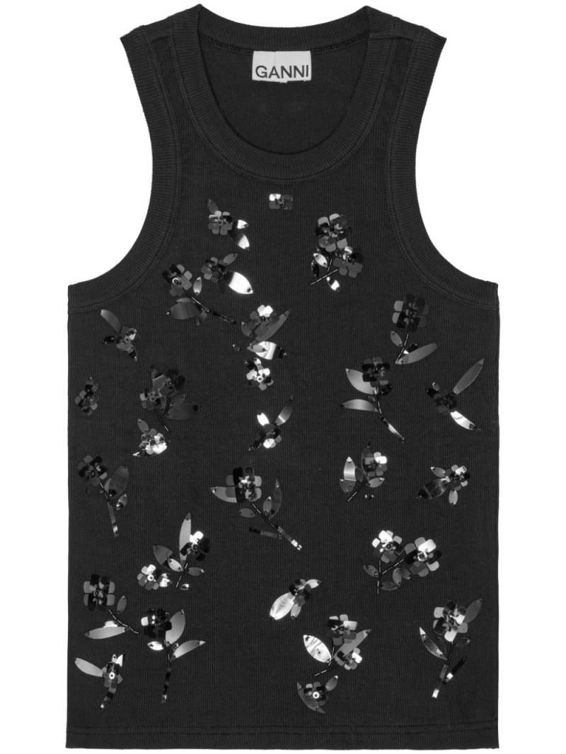 GANNI Rib Jersey Embellish Tank Top - Black von GANNI