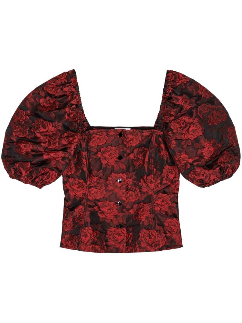 GANNI botanical-print short puff-sleeve cropped top - Red von GANNI