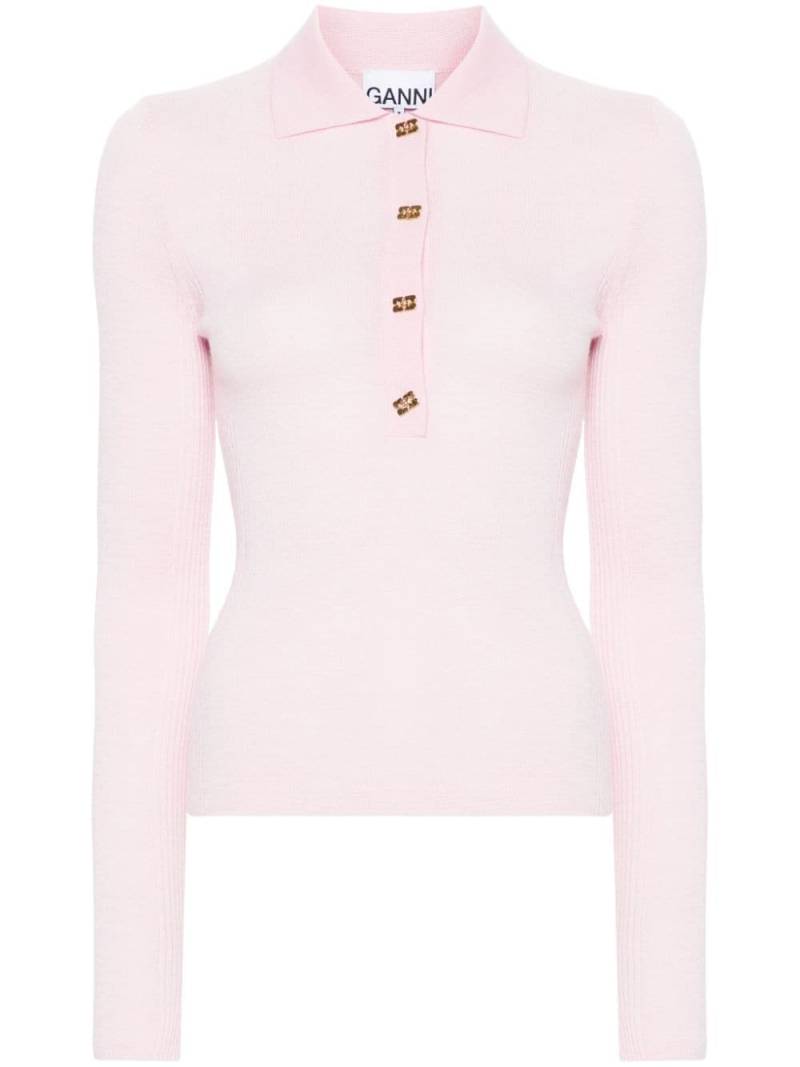 GANNI fine-ribbed merino polo top - Pink von GANNI