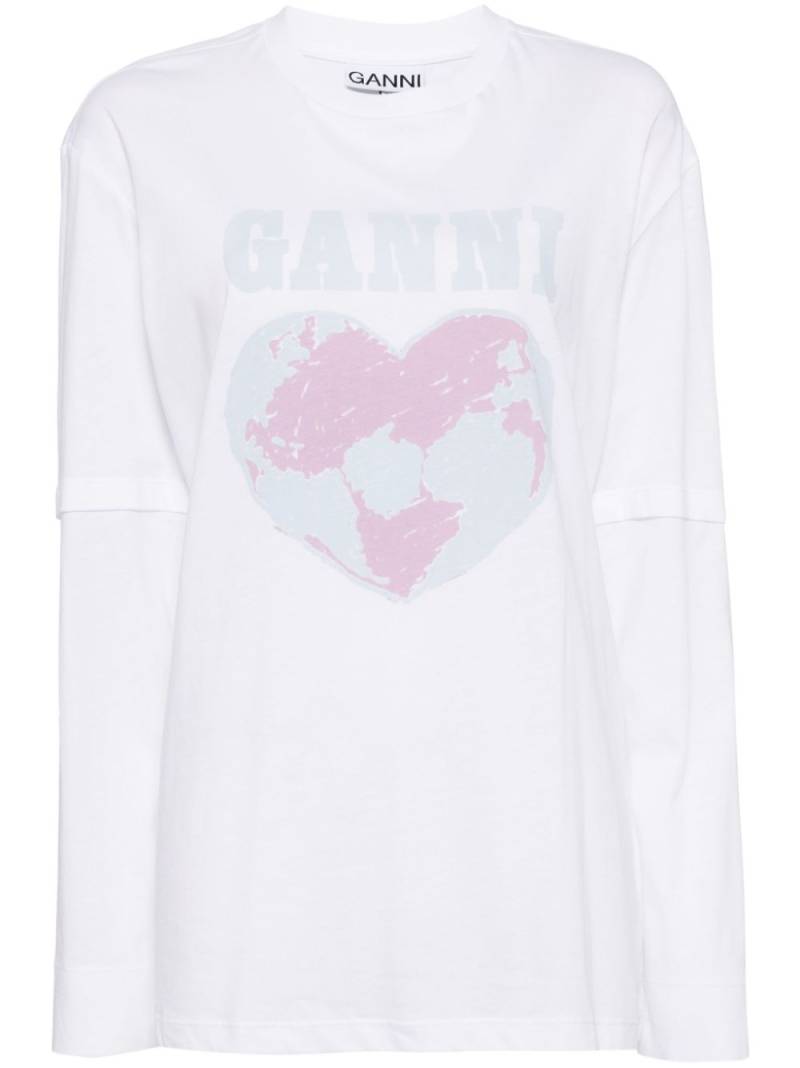 GANNI heart logo print long-sleeved T-shirt - White von GANNI