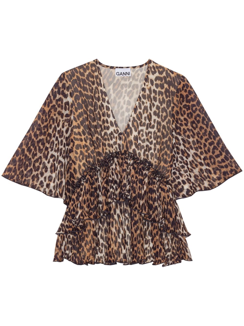 GANNI leopard-print V-neck pleated blouse - Brown von GANNI