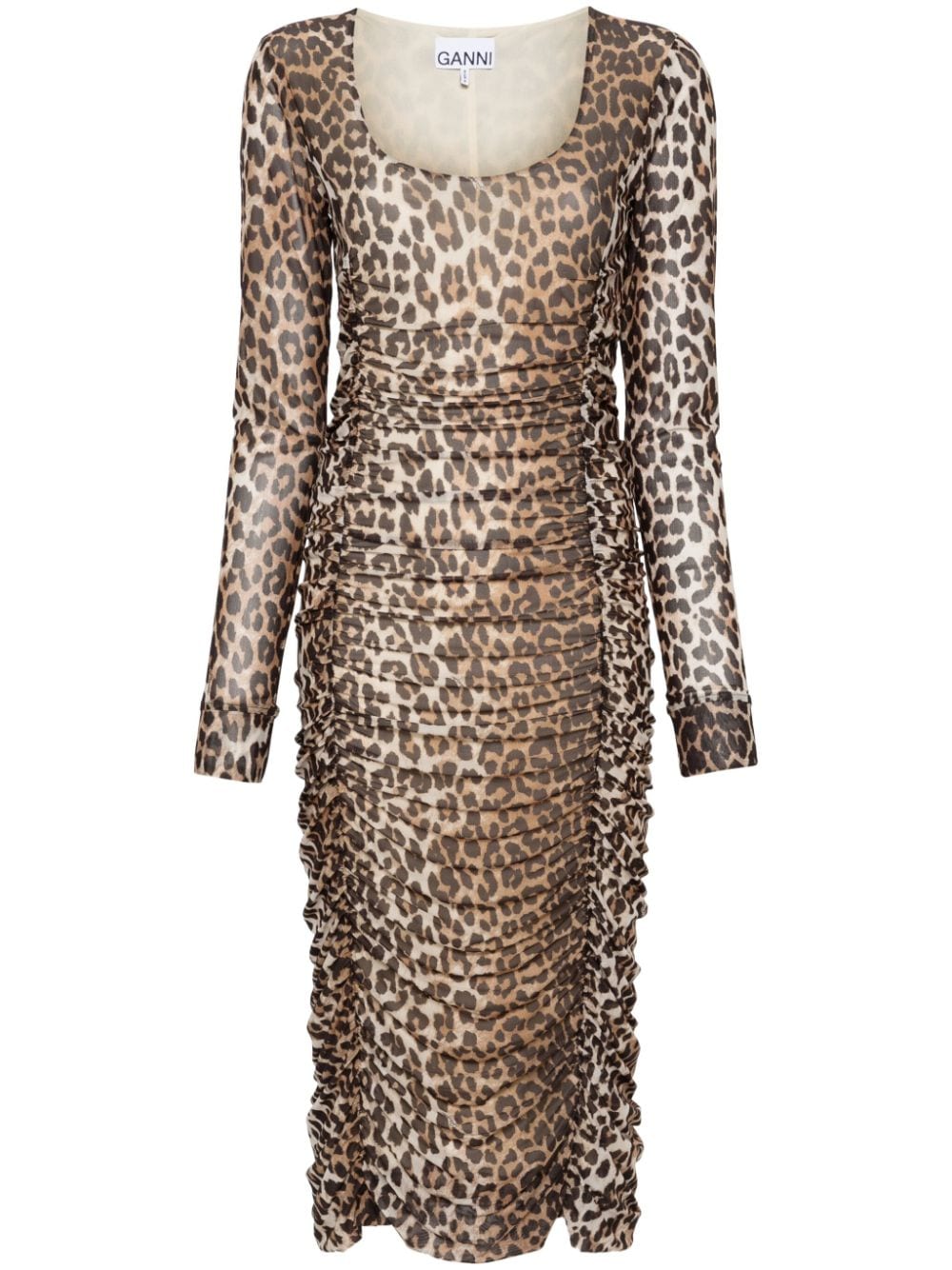 GANNI leopard-print ruched-detail midi dress - Neutrals von GANNI