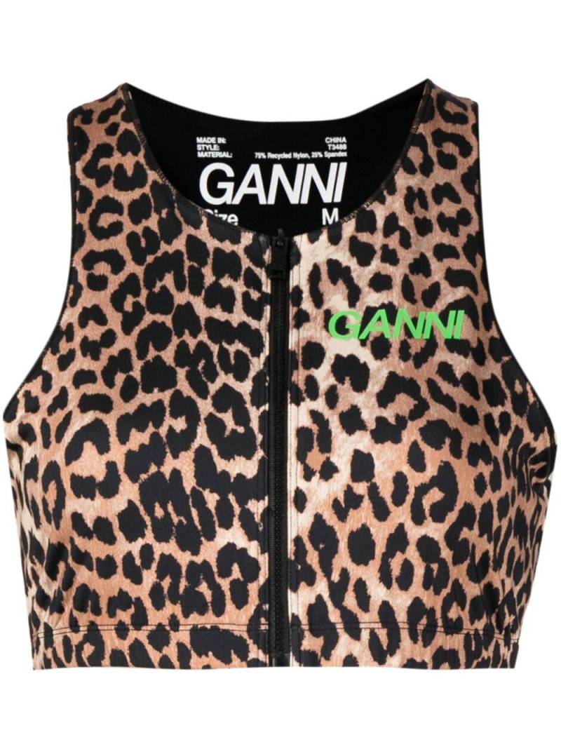 GANNI leopard-print zip-up crop top - Brown von GANNI