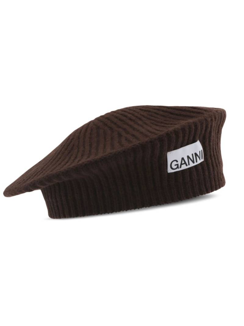 GANNI logo-appliqué ribbed beret - Brown von GANNI