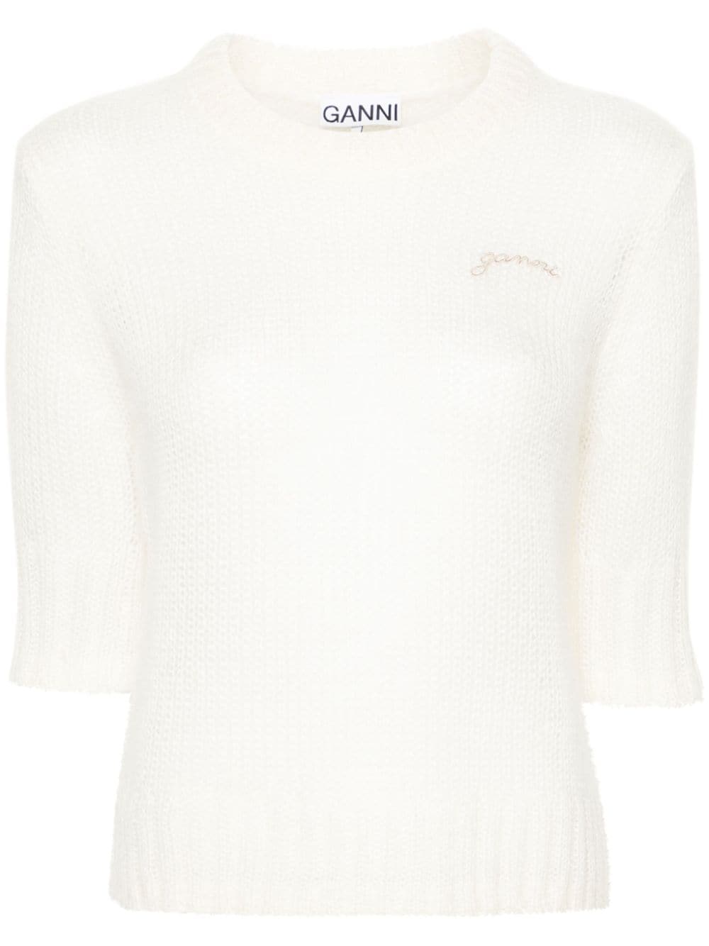 GANNI logo-embroidered knitted T-shirt - White von GANNI
