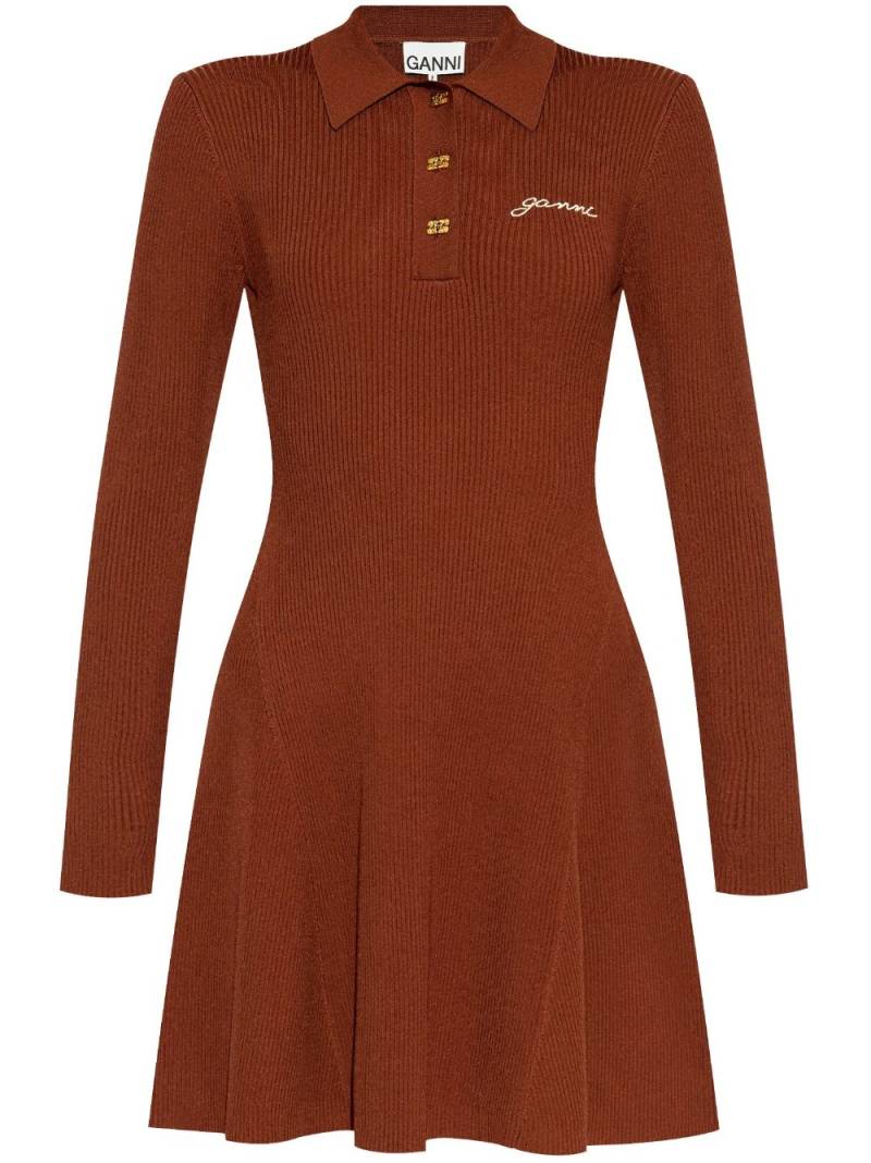 GANNI logo-embroidered ribbed-knit polo dress - Brown von GANNI