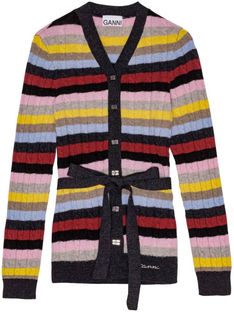 GANNI logo-embroidered striped belted cardigan - Pink von GANNI