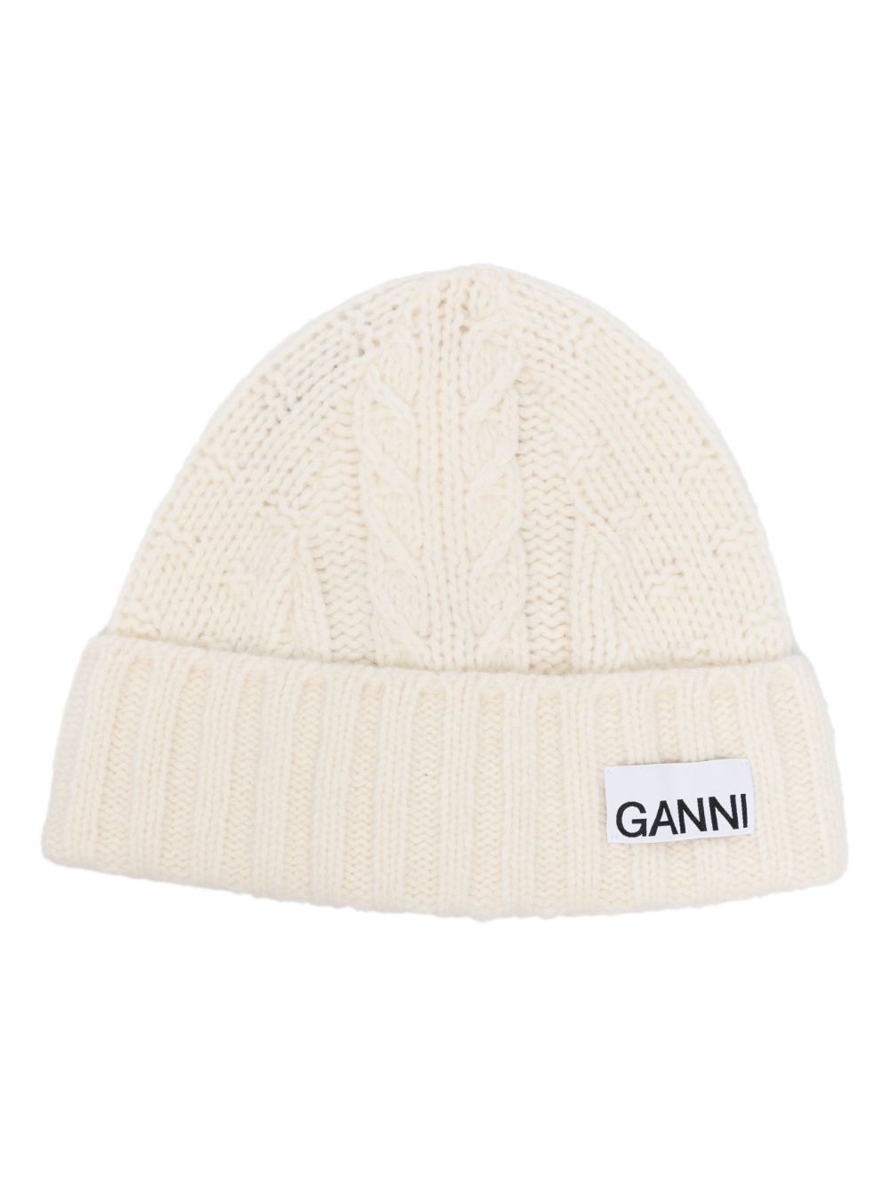 GANNI logo-patch cable-knit beanie - White von GANNI