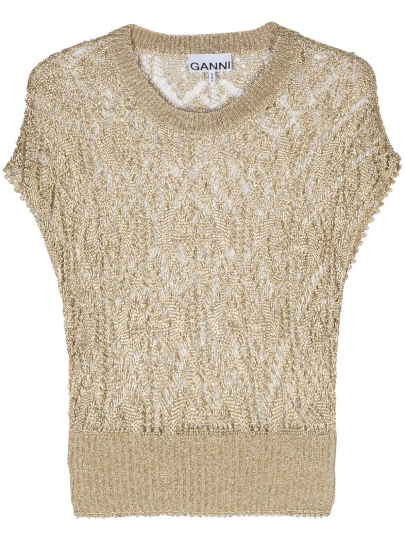 GANNI metallic-effect open-knit T-shirt - Gold von GANNI