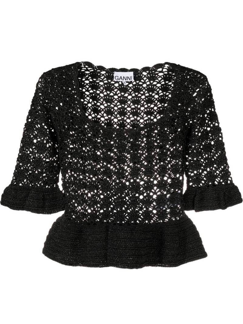 GANNI peplum hem crochet top - Black von GANNI