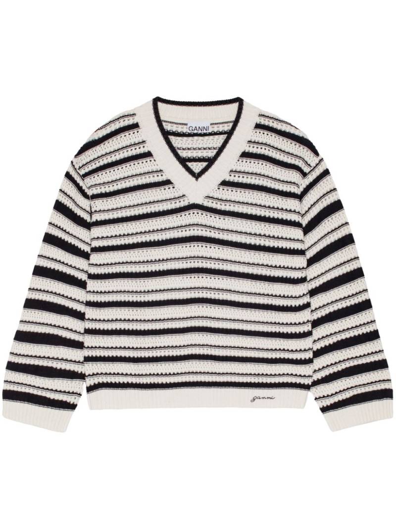 GANNI striped open-knit jumper - White von GANNI