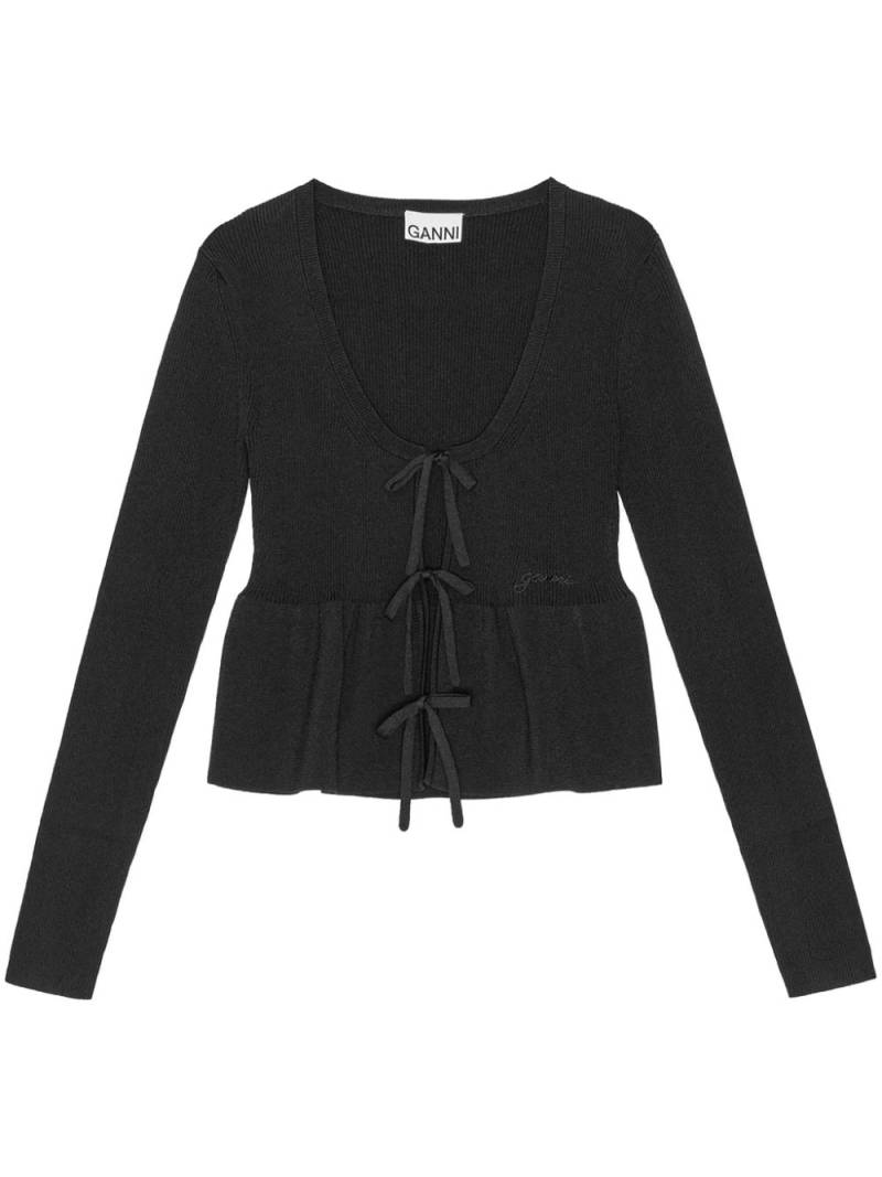 GANNI tie fastening long sleeve cardigan - Black von GANNI