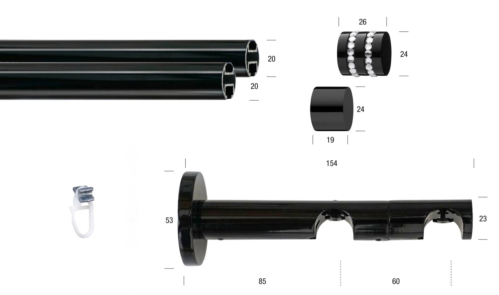 GARESA Gardinenstange »BLACK«, 2 läufig-läufig, Wunschmasslänge, Vorhanggarnitur, Innenlauf, verlängerbar, Endknopf mit Glitzersteinen von GARESA