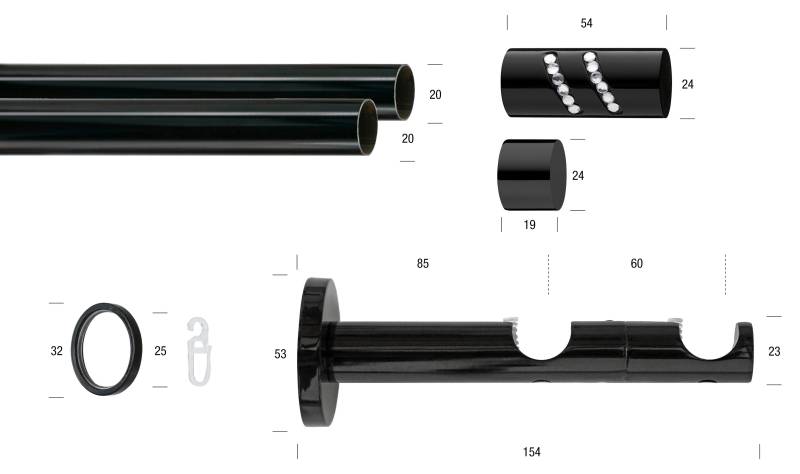GARESA Gardinenstange »BLACK«, 2 läufig-läufig, Wunschmasslänge, Vorhanggarnitur, verlängerbar, Endknopf mit Glitzersteinen von GARESA
