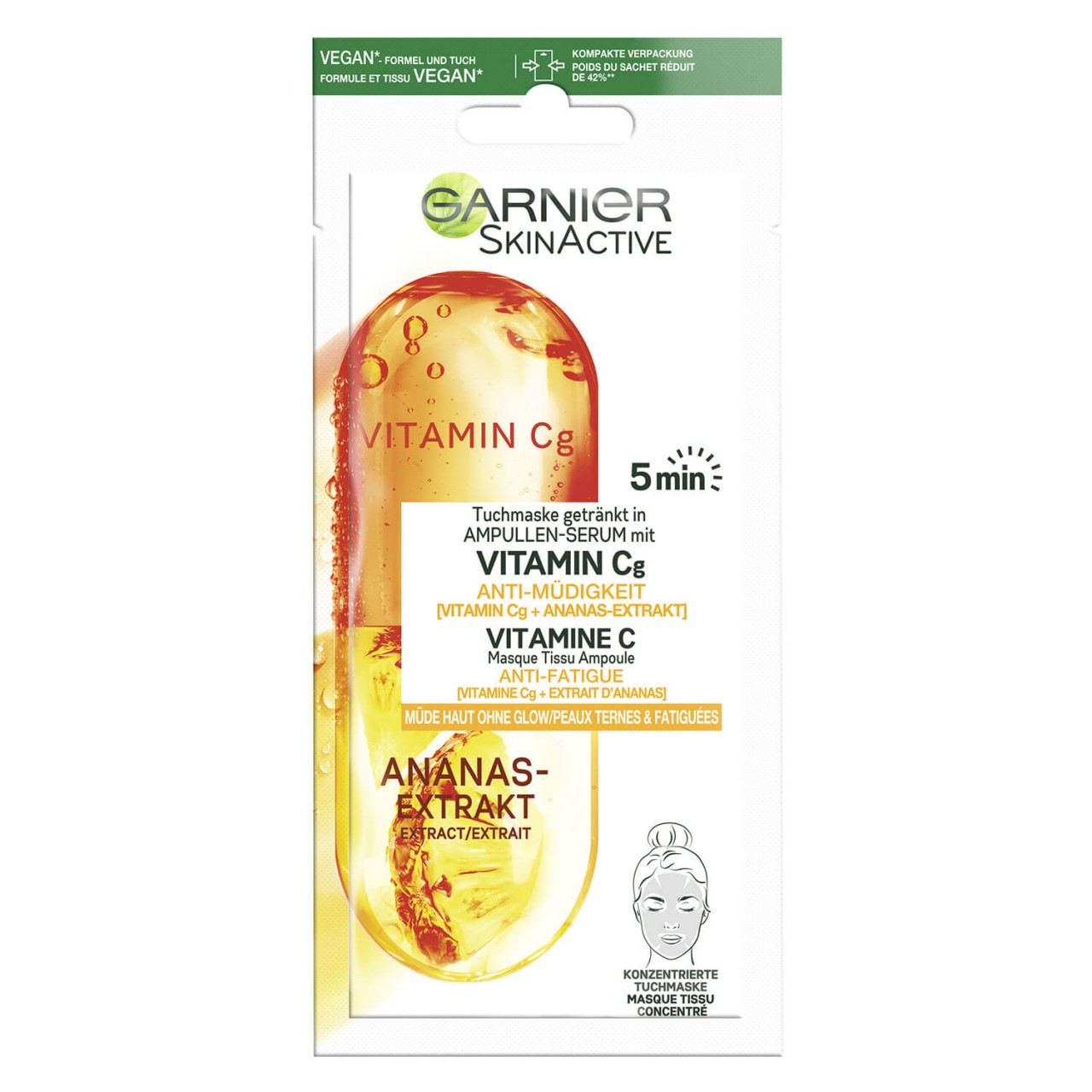 Skinactive Face - Ampullen Tuchmaske Anti-Müdigkeit mit Vitamin C & Ananas-Extrakt von GARNIER