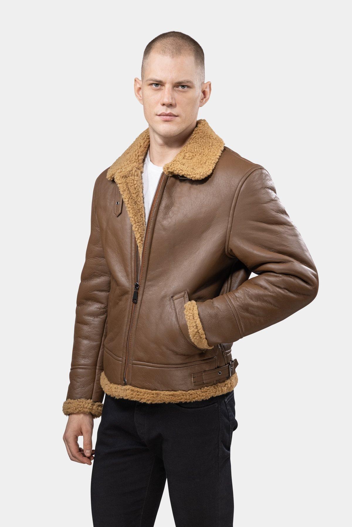 GÖTTIG. - Lammfell Aviator B3 Lederjacke Camel, für Herren, Light Beige, Größe XXL von GÖTTIG.