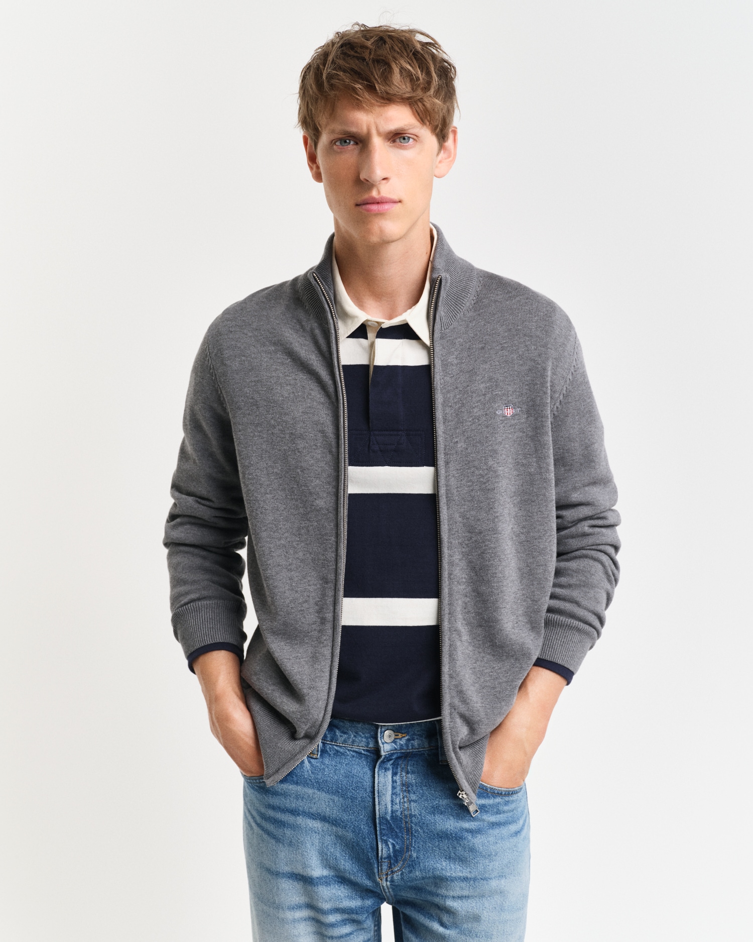 Gant Cardigan »CASUAL COTTON ZIP CARDIGAN«, Mit Rippbündchen an Stehkragen, Ärmeln und Saum von Gant