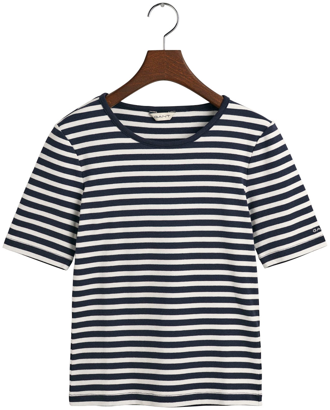 Gant T-Shirt »SLIM STRIPED 1X1 RIBBED KA T-SHIRT«, mit dezentem Logoschriftzug am Ärmelabschluss von Gant