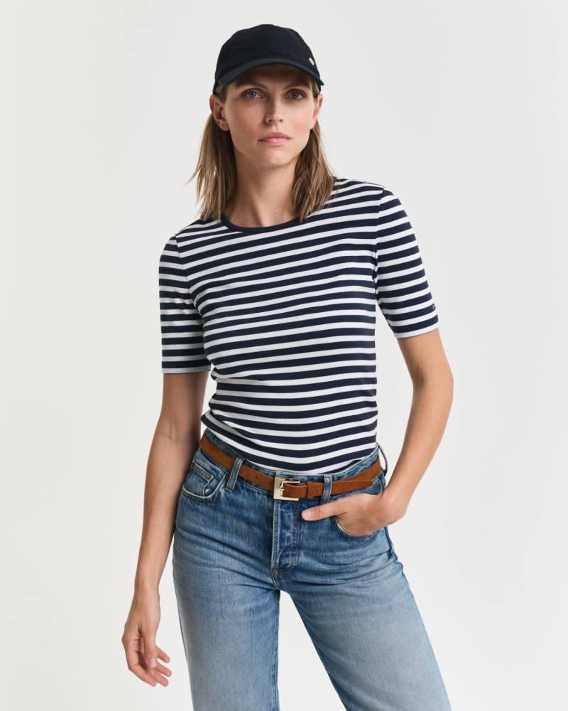 Gant T-Shirt »SLIM STRIPED 1X1 RIBBED KA T-SHIRT«, mit dezentem Logoschriftzug am Ärmelabschluss von Gant