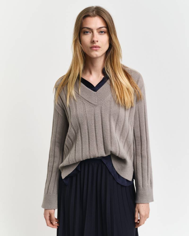 Gant V-Ausschnitt-Pullover »WIDE RIBBED WOOL V-NECK«, mit seitlichen Saumschlitzen, breit gerippt von Gant