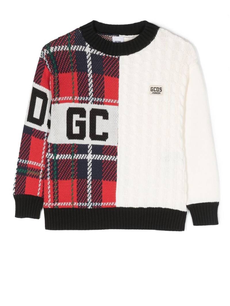 Gcds Kids split tartan-check logo jumper - Neutrals von Gcds Kids