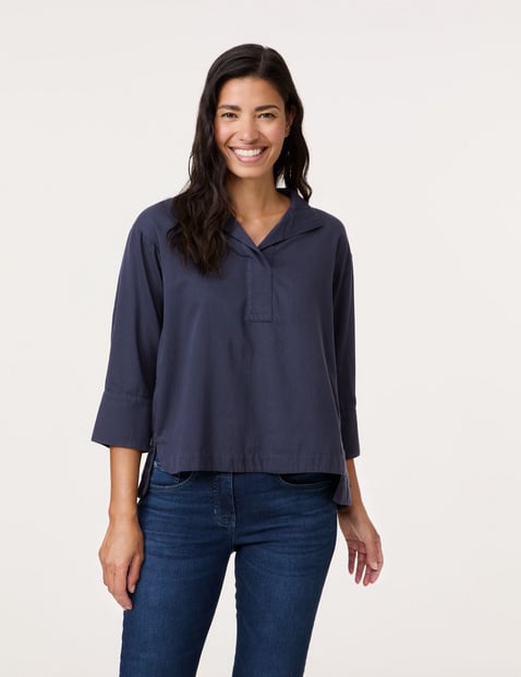 GERRY WEBER Damen 3/4 Arm Bluse mit verlängertem Rückenteil Baumwolle 68 cm Stehkragen unifarben Blau von Gerry Weber