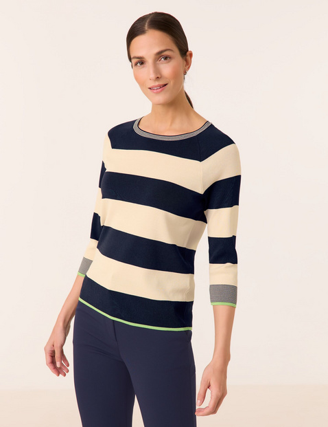 GERRY WEBER Damen 3/4 Arm Pullover mit Streifendessin Rundhals Viskose, Mehrfarbig gestreift von Gerry Weber