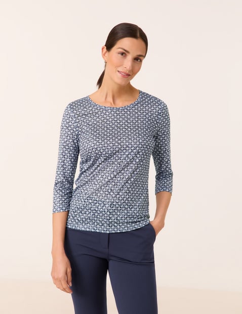 GERRY WEBER Damen 3/4 Arm Shirt in Ausbrenner-Qualität 64 cm Rundhals gemustert Blau von Gerry Weber