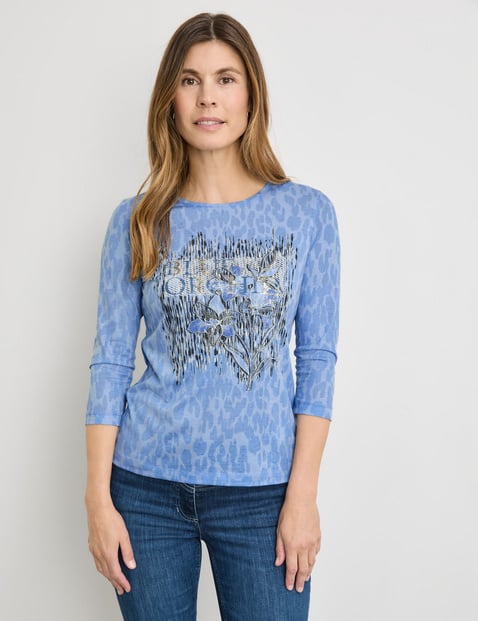 GERRY WEBER Damen 3/4 Arm Shirt in Ausbrenner-Qualität 64cm Rundhals Blau Animal-Print von Gerry Weber