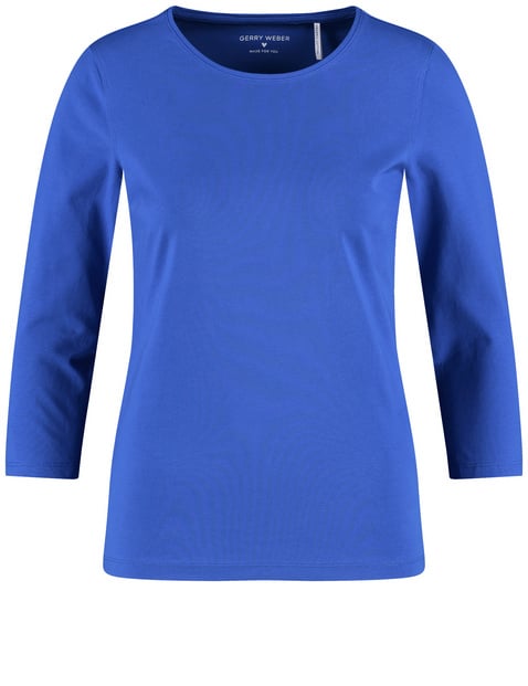 GERRY WEBER Damen 3/4 Arm Shirt mit Satinblende 64 cm Rundhals unifarben Blau von Gerry Weber