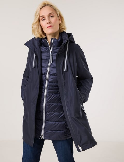 GERRY WEBER Damen 3 in 1 Outdoorjacke 82cm Langarm Abnehmbare Kapuze 2-Wege-Reißverschluss, Blau von Gerry Weber